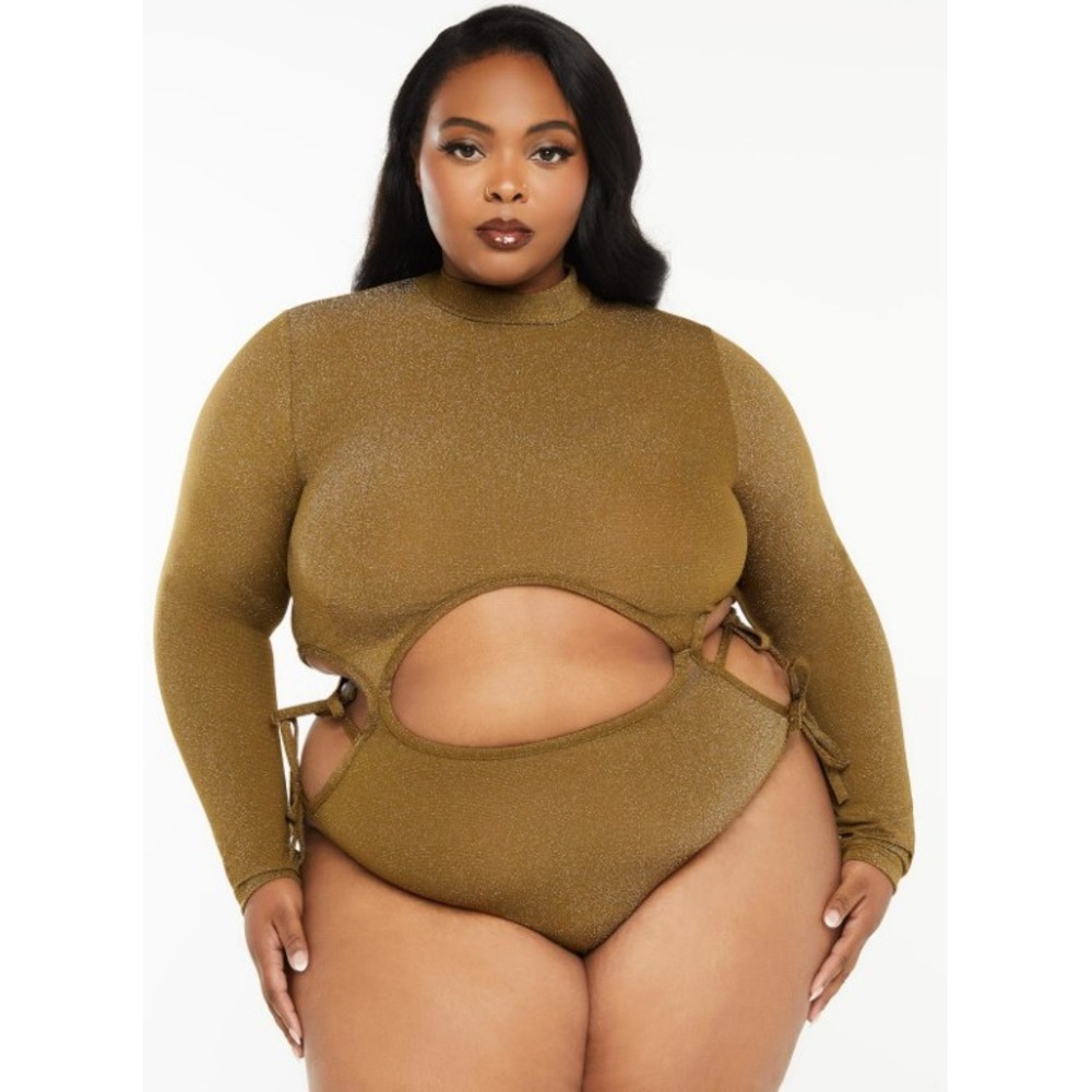 Savage X Fenty Bodysuit Womens 3X Green Shine Strappy Teddy Thong Mock Neck